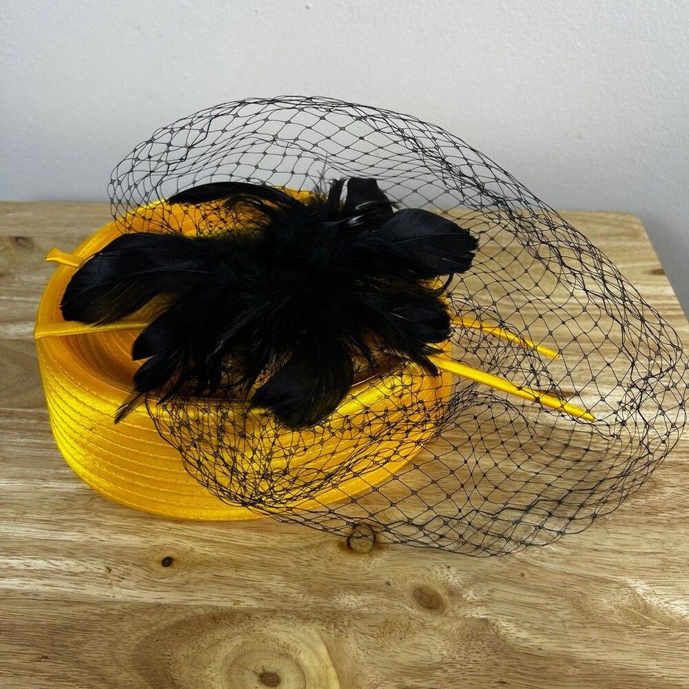 Especially Yours EY Signature Pillbox Hat Yellow Black Feather Veil Fascinator